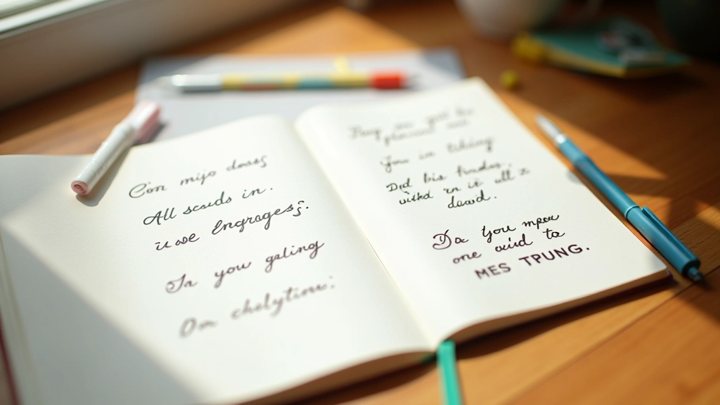 Open journal with handwritten affirmations and positive words scattered across pages with morning light