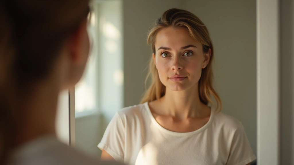 Person doing morning routine at bathroom mirror with positive energy, natural morning light, reflective moment
