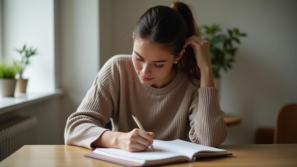 Person sitting at desk writing in journal, natural morning light from window, focused expression, professional atmosphere