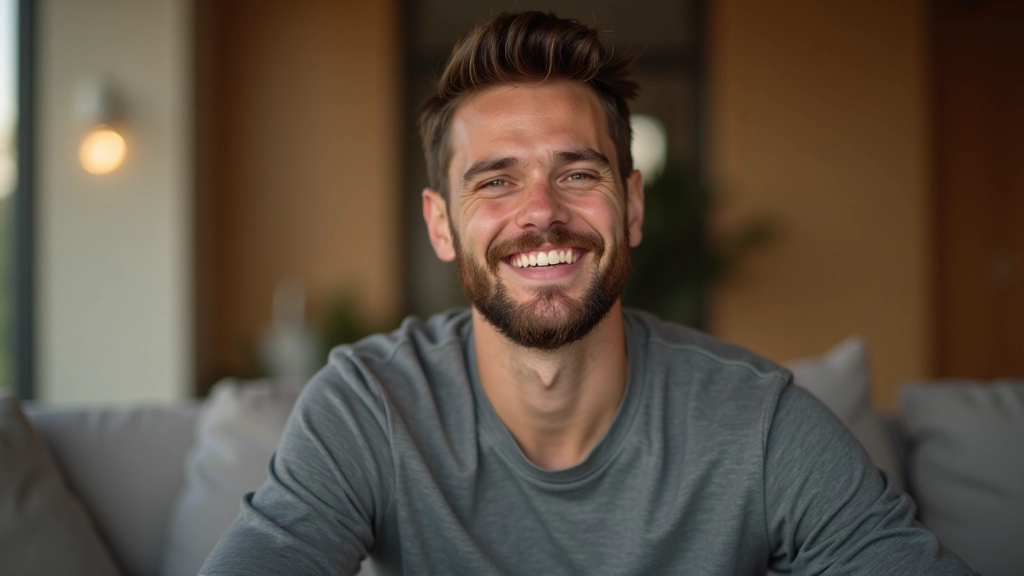 Person smiling confidently after completing a challenge, sitting in peaceful environment