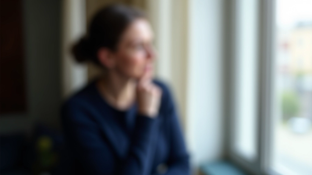 Person in thoughtful pose at window, hand on chin, natural light illuminating face and shoulders