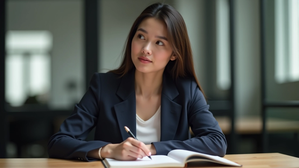 Woman sitting at desk, looking thoughtful while planning next steps in her journal