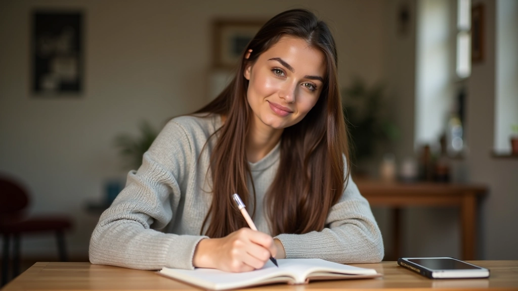 Woman writing in notebook at wooden desk, focused expression, natural morning light streaming in