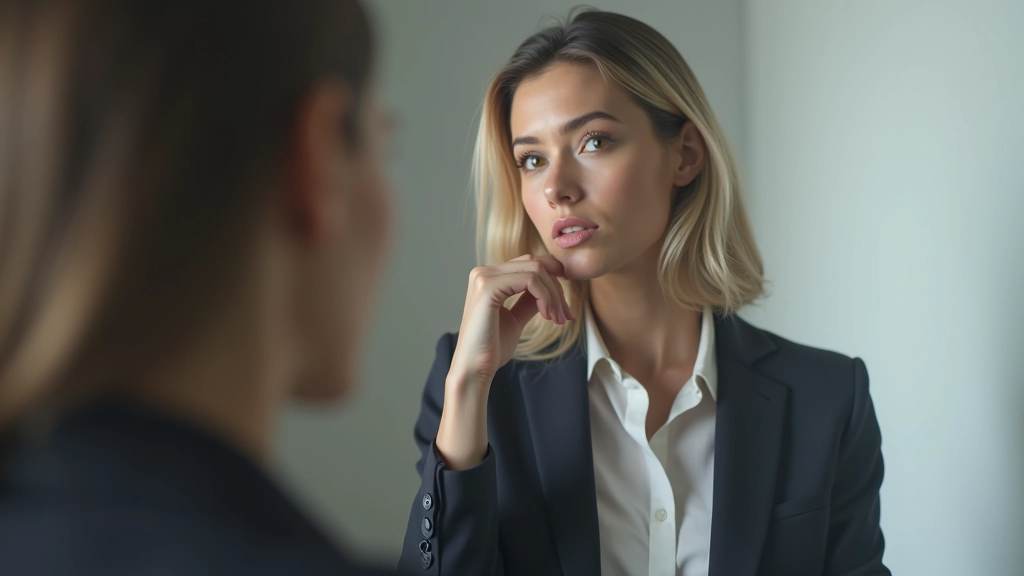 Woman looking at mirror with thoughtful expression, professional lighting, office setting, upper body portrait